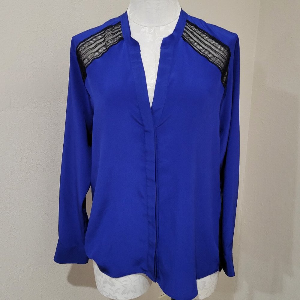 Sandro Paris lace detail blouse blue sheer back size 3/Large